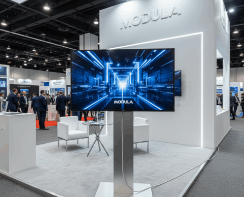 Different monitor sizes displayed in a trade show booth to show sizing comparison.”