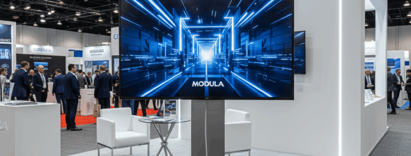Different monitor sizes displayed in a trade show booth to show sizing comparison.”