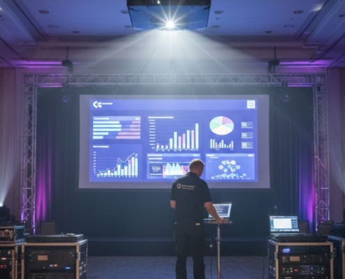 High-lumen projector setup illuminating a ballroom at a New Orleans conference