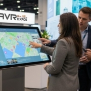 Attendees using an interactive touchscreen kiosk at an event powered by AVR Expos.