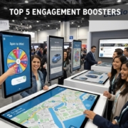 Attendees using an interactive touchscreen kiosk at an event powered by AVR Expos.