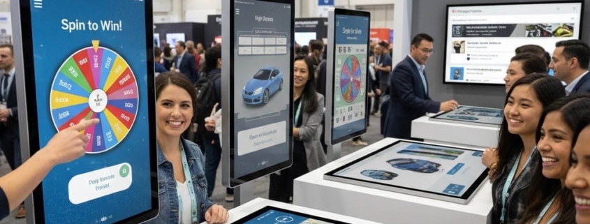 Attendees using an interactive touchscreen kiosk at an event powered by AVR Expos.