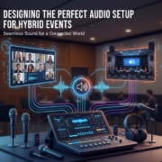 Corporate event audio setup with wireless microphones and speakers from AVR Expos.