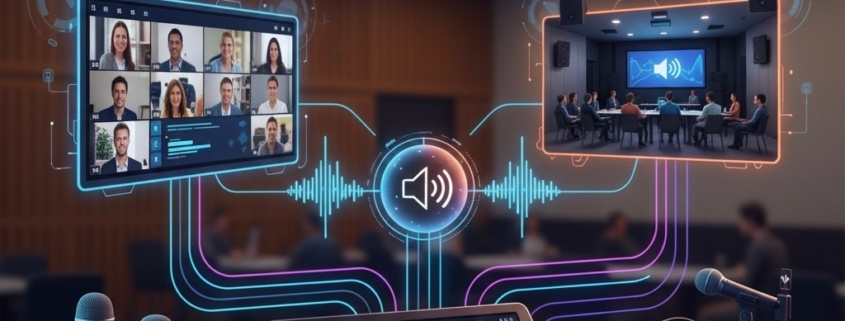 Corporate event audio setup with wireless microphones and speakers from AVR Expos.