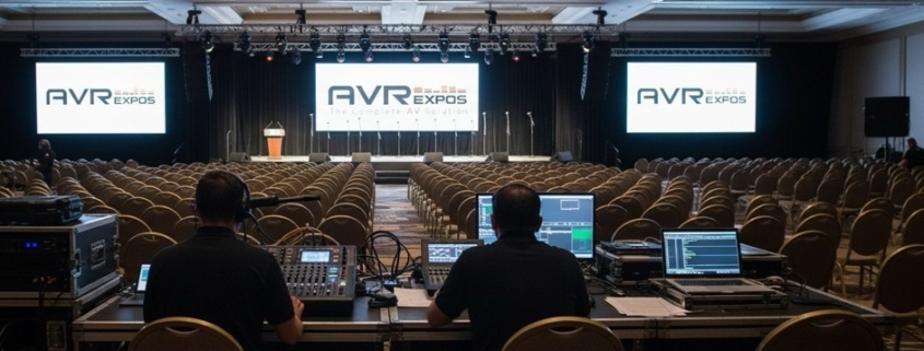 AVR Expos technicians managing audio visual setup at a corporate conference.