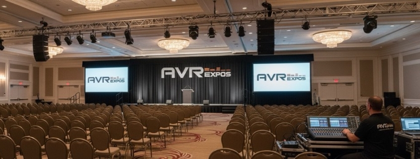 Corporate event audio setup with wireless microphones and speakers from AVR Expos.