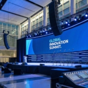 Audio speakers and microphones set up for a Chicago conference event with balanced sound coverage.