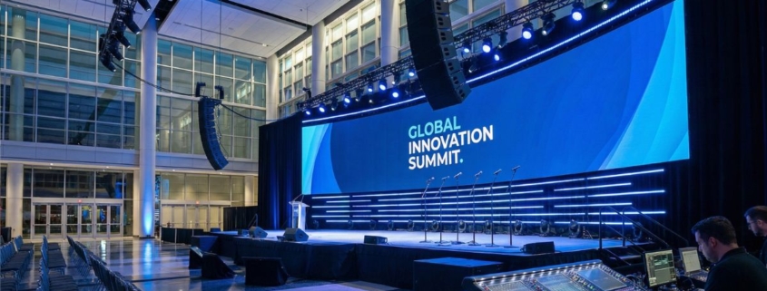 Audio speakers and microphones set up for a Chicago conference event with balanced sound coverage.