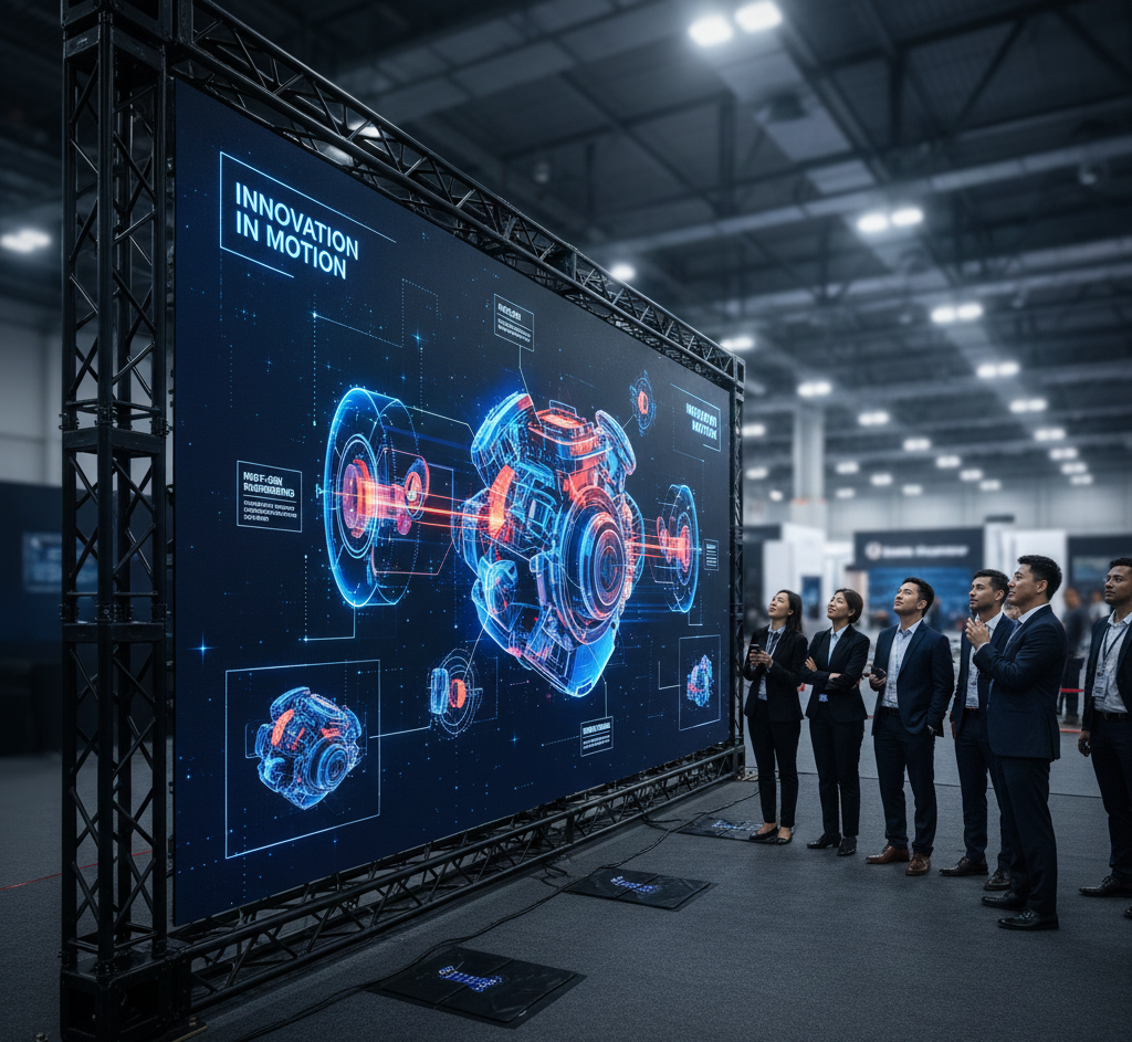 Digital product demo running on a large LED wall showing animated product features.