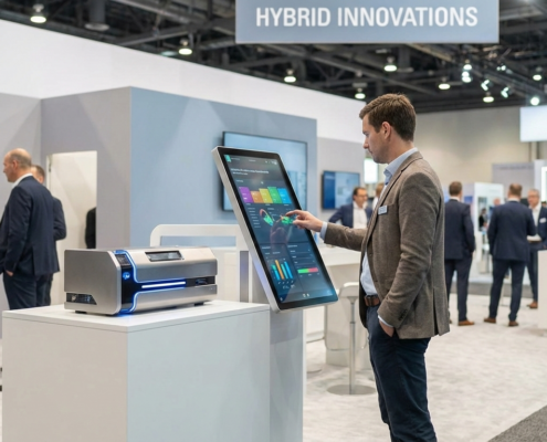 Trade show attendee using a touchscreen next to a physical product display in a hybrid demo booth.