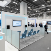 Trade show booth with a designated presentation area including seating, speakers, and a large display.