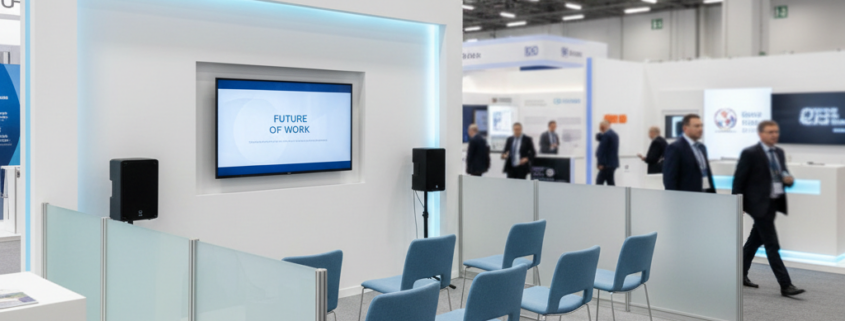 Trade show booth with a designated presentation area including seating, speakers, and a large display.