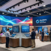 Monitor configuration inside a 10x20 Las Vegas trade show booth with multiple displays.