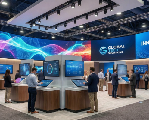 Monitor configuration inside a 10x20 Las Vegas trade show booth with multiple displays.