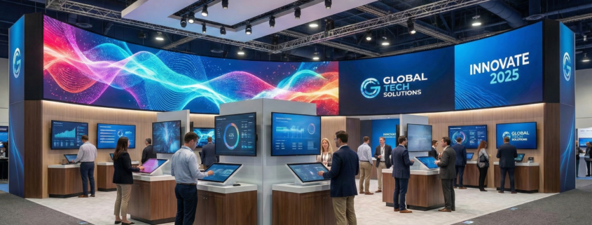 Monitor configuration inside a 10x20 Las Vegas trade show booth with multiple displays.