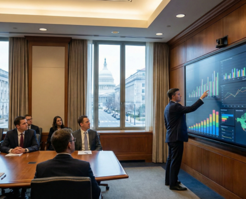 Attendee using a touchscreen during a government policy event in Washington DC.
