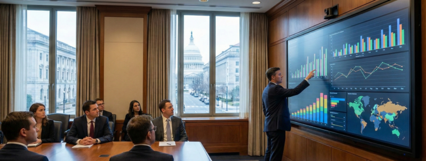 Attendee using a touchscreen during a government policy event in Washington DC.