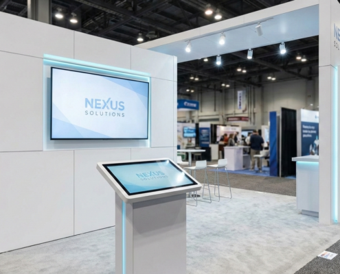 Minimalist trade show booth using a single large monitor and touchscreen to reduce AV rental costs.