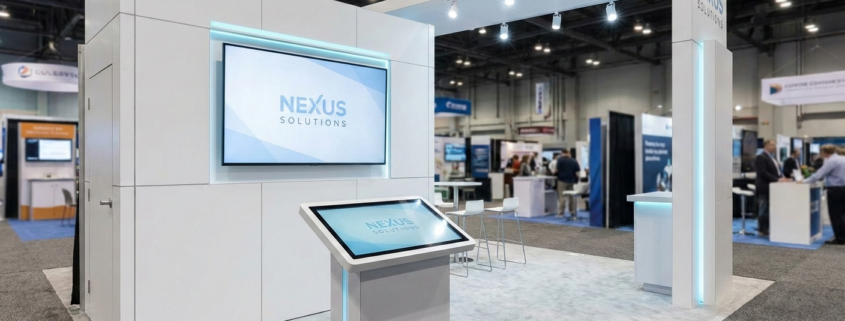 Minimalist trade show booth using a single large monitor and touchscreen to reduce AV rental costs.