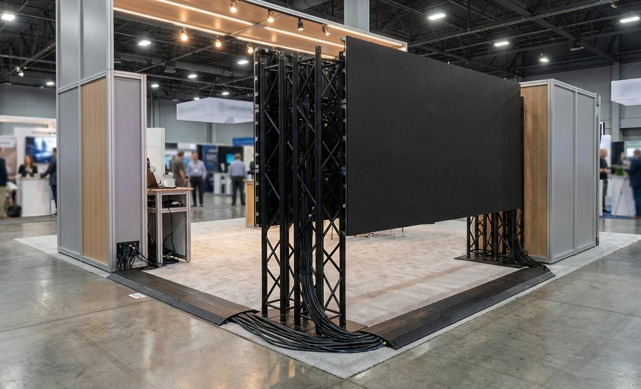 Ground-supported LED wall with organized cabling to reduce rigging and labor costs.