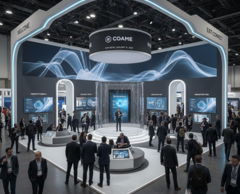 Trade show booth AV layout using LED walls and touchscreens to guide attendee movement