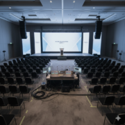 AV equipment installed for a multi-day corporate conference with LED displays and audio systems