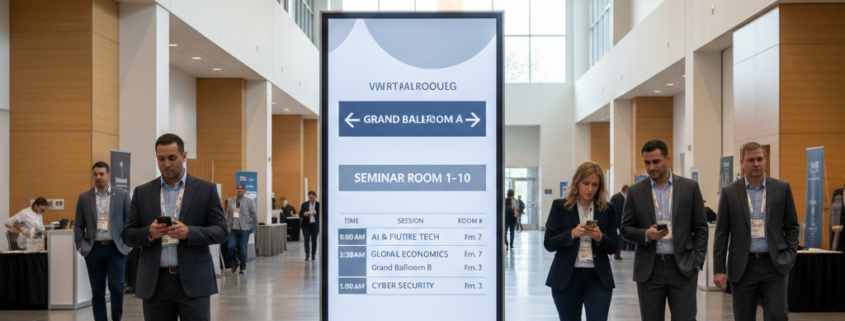 : Large digital wayfinding screen guiding attendees at an Orlando conference