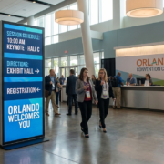 LED display providing wayfinding and session information at an Orlando conference.
