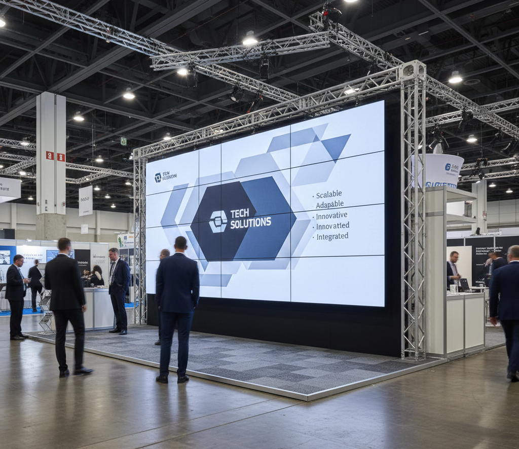 LED tiles arranged for flexible trade show booth layouts