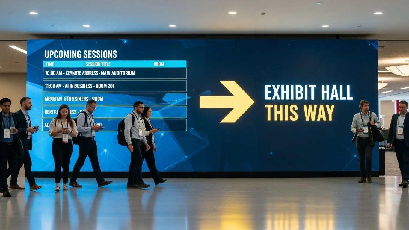LED signage guiding attendees through a large Orlando convention with real-time schedule updates.