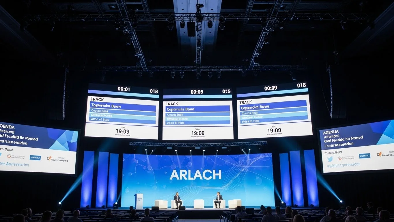 LED display system used to deliver synchronized content across multiple conference sessions.