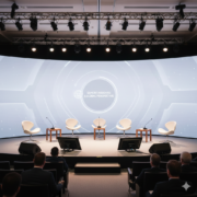 Microphones and display screens set up for a multi-speaker conference panel