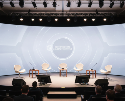Microphones and display screens set up for a multi-speaker conference panel
