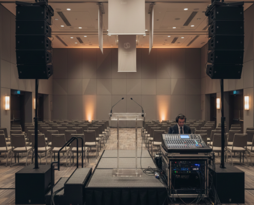 Professional speaker placement and audio control for a conference