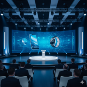 Event stage setup for a product launch with LED screen and professional lighting