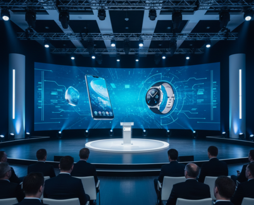 Event stage setup for a product launch with LED screen and professional lighting