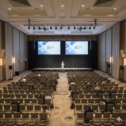 Conference general session AV system with properly scaled screens and sound