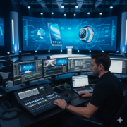 AV technician monitoring audio and video systems during a live corporate event