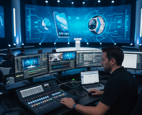 AV technician monitoring audio and video systems during a live corporate event