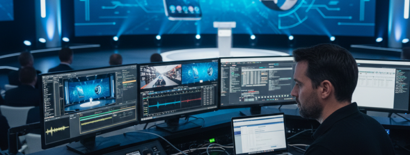 AV technician monitoring audio and video systems during a live corporate event