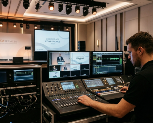 Technician managing audio and video systems during a live event