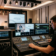 Technician managing audio and video systems during a live event