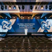 Corporate event stage with LED wall and clean AV setup