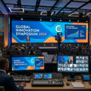 Conference stage with cameras and streaming equipment for hybrid event