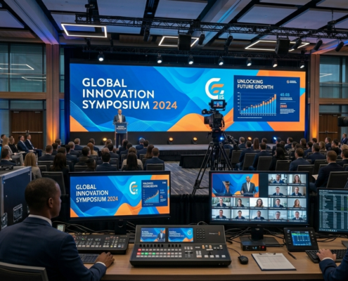 Conference stage with cameras and streaming equipment for hybrid event