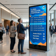 Large digital screen displaying conference schedule and room directions