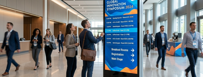 Large digital screen displaying conference schedule and room directions