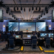 Audio visual production equipment setup for large corporate conference