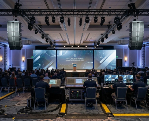 Audio visual production equipment setup for large corporate conference