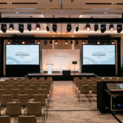 Professional AV equipment rental setup for a corporate event